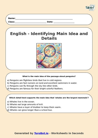 Year 5 English Multiple Choice Worksheet – Identifying Main Idea and Details