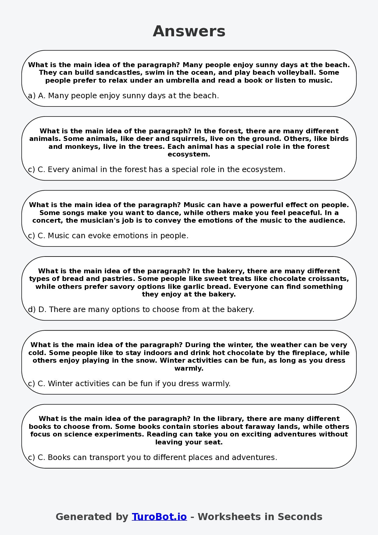 Year 5 English Multiple Choice Worksheet – Identifying Main Idea in a Paragraph