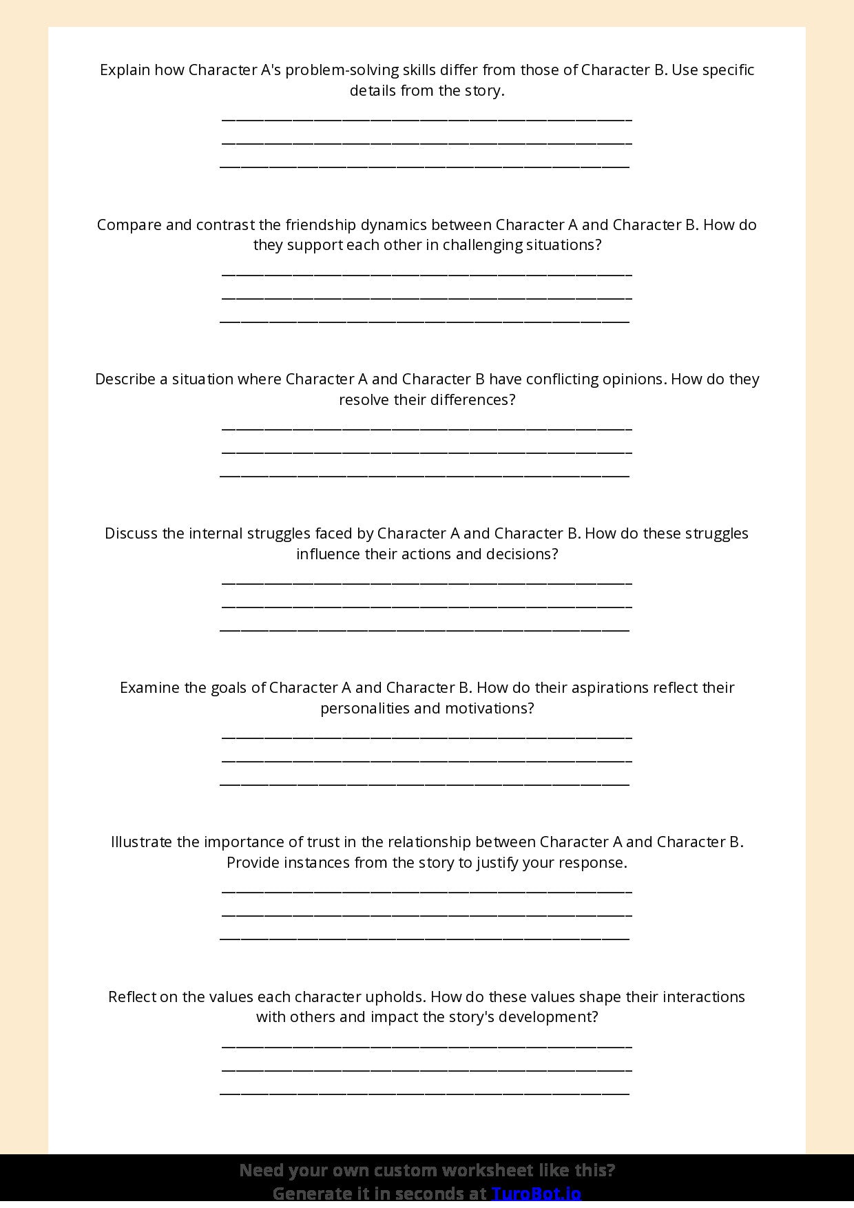 Free Worksheet - Year 5 English Comparing Two Characters Short Answer Response
