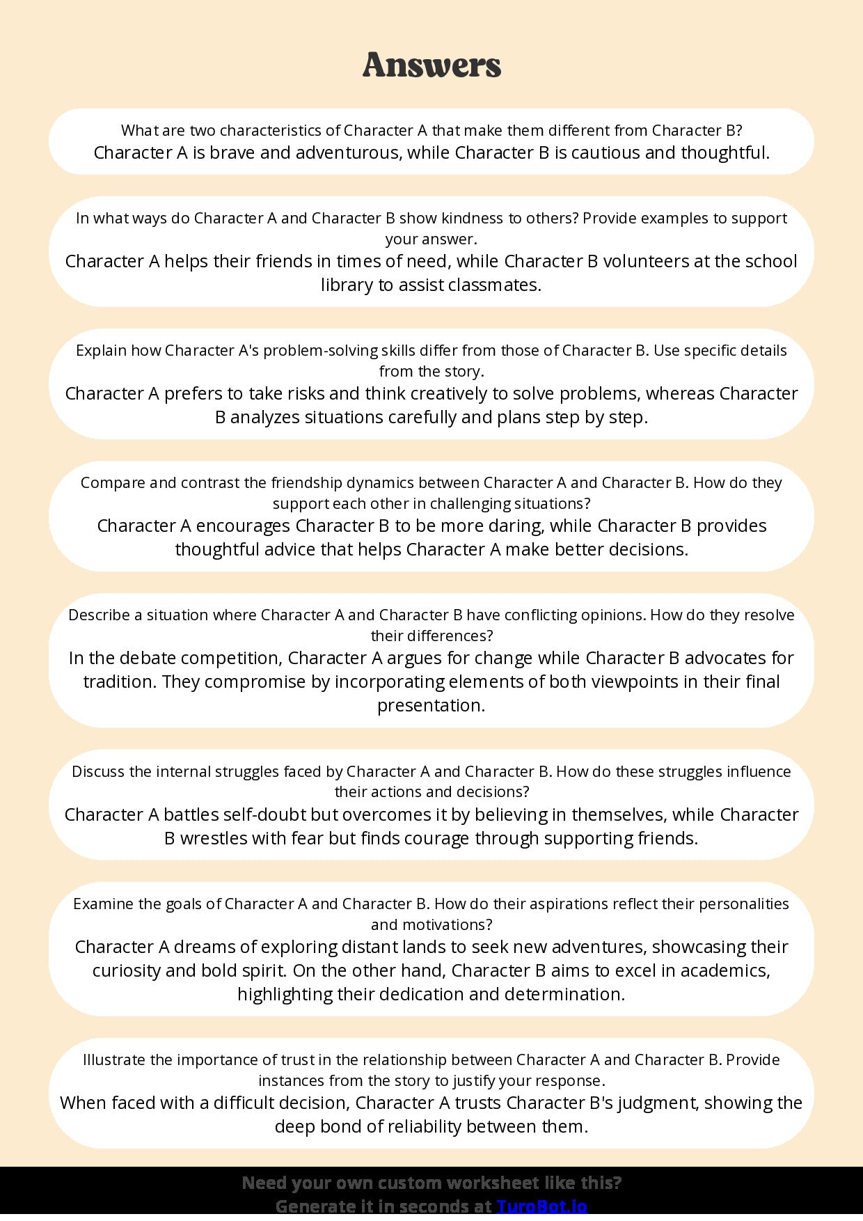 Free Worksheet - Year 5 English Comparing Two Characters Short Answer Response