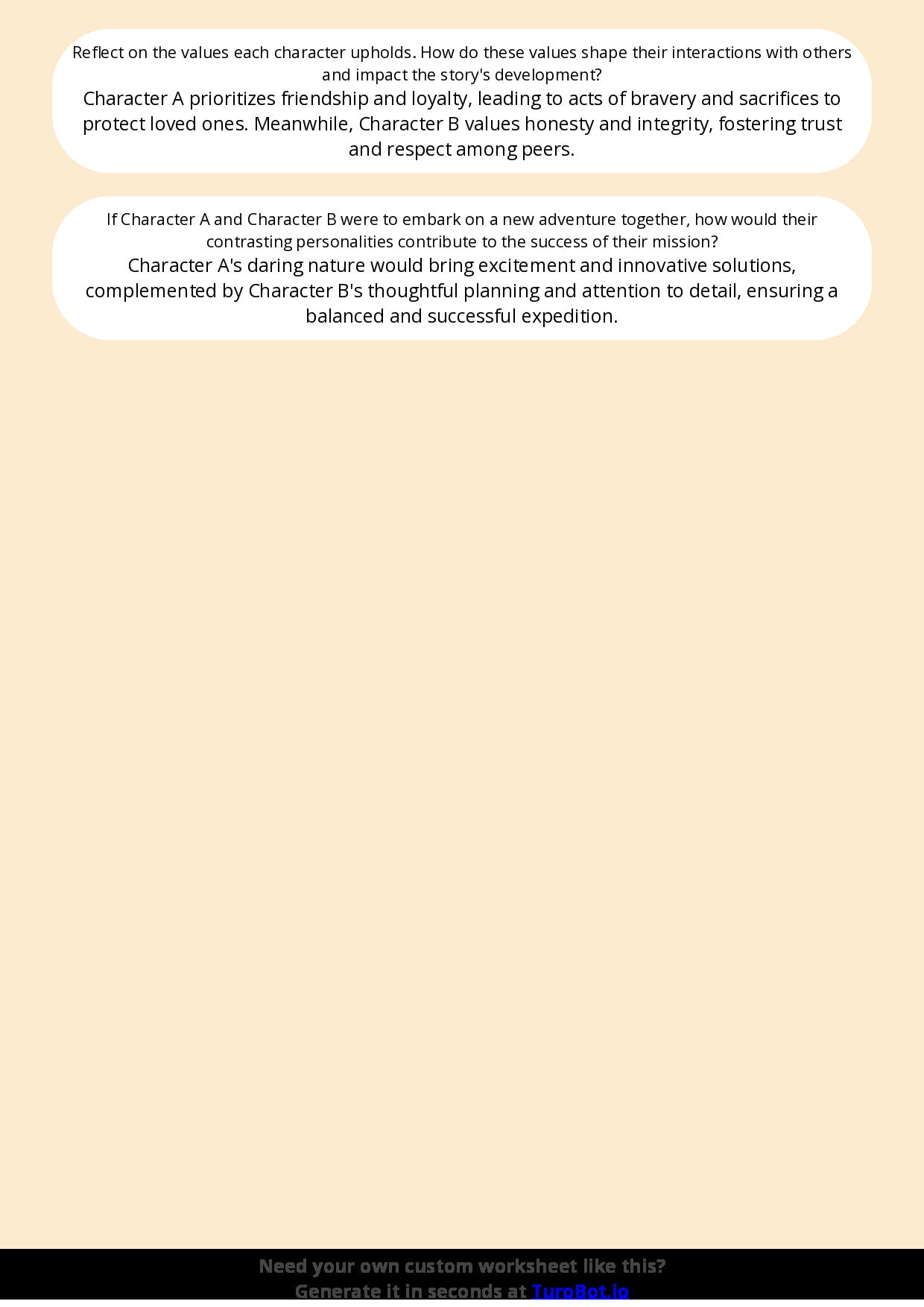 Free Worksheet - Year 5 English Comparing Two Characters Short Answer Response