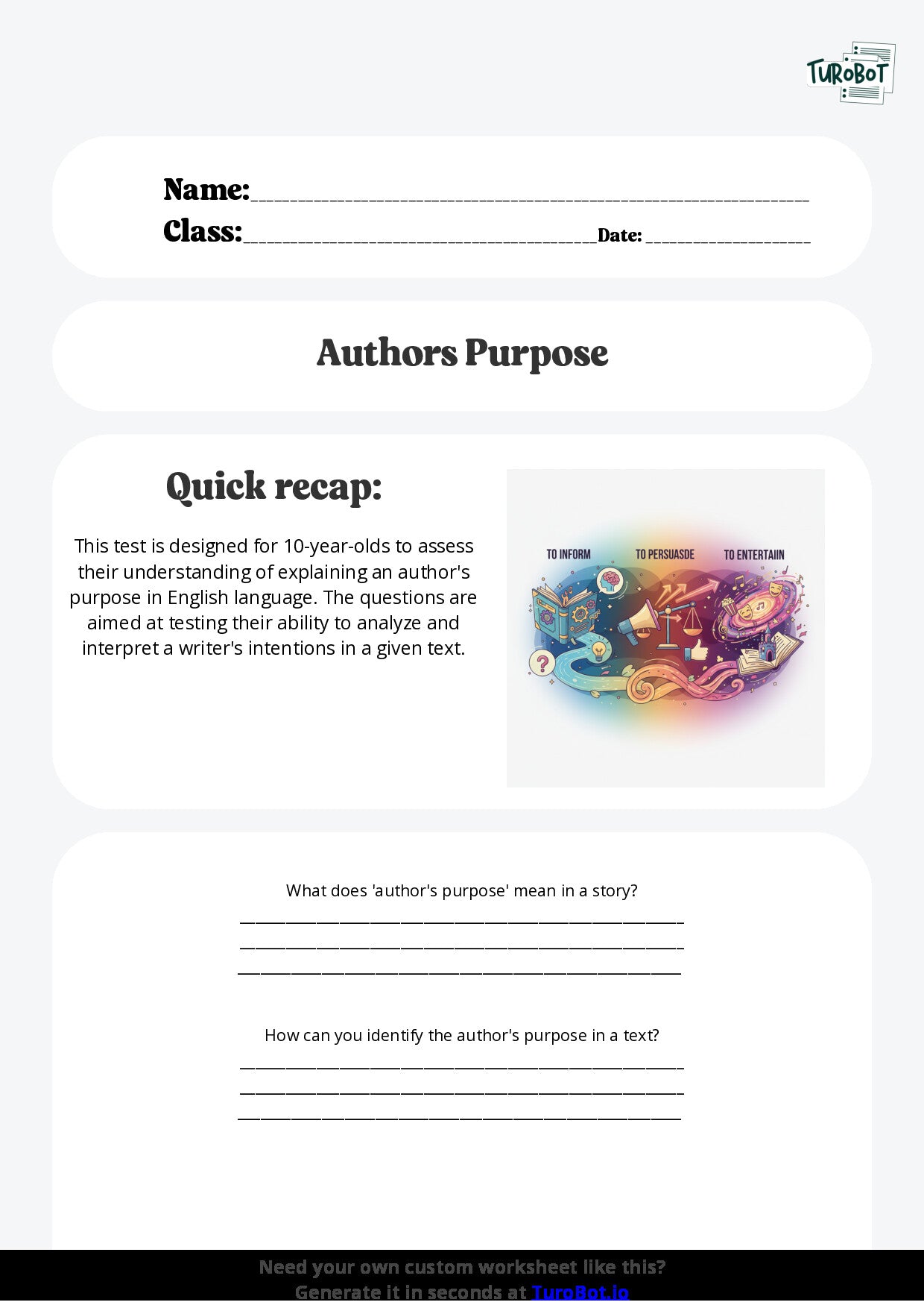Free Worksheet - Year 5 English Explaining Authors Purpose Short Answer Response