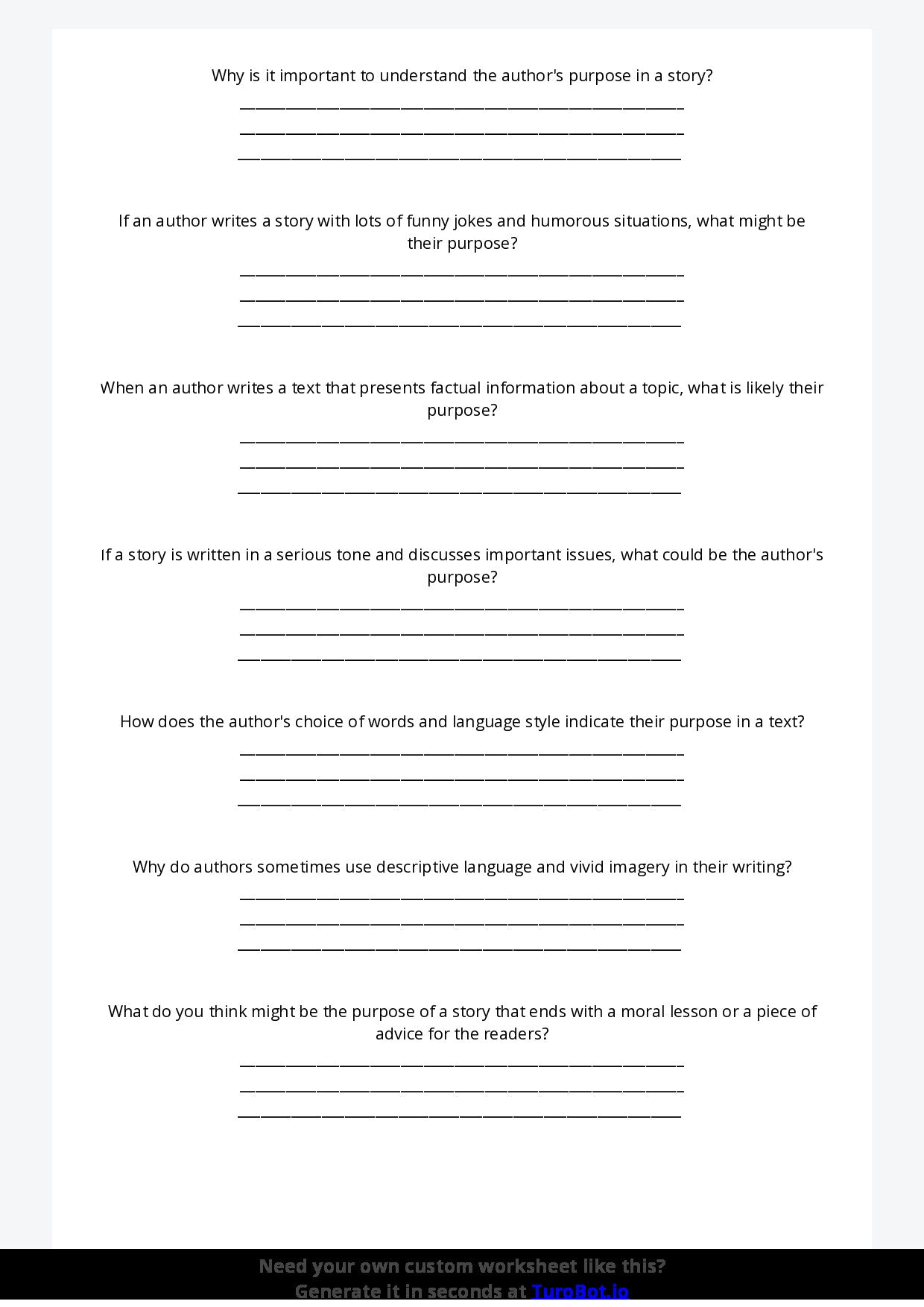 Free Worksheet - Year 5 English Explaining Authors Purpose Short Answer Response