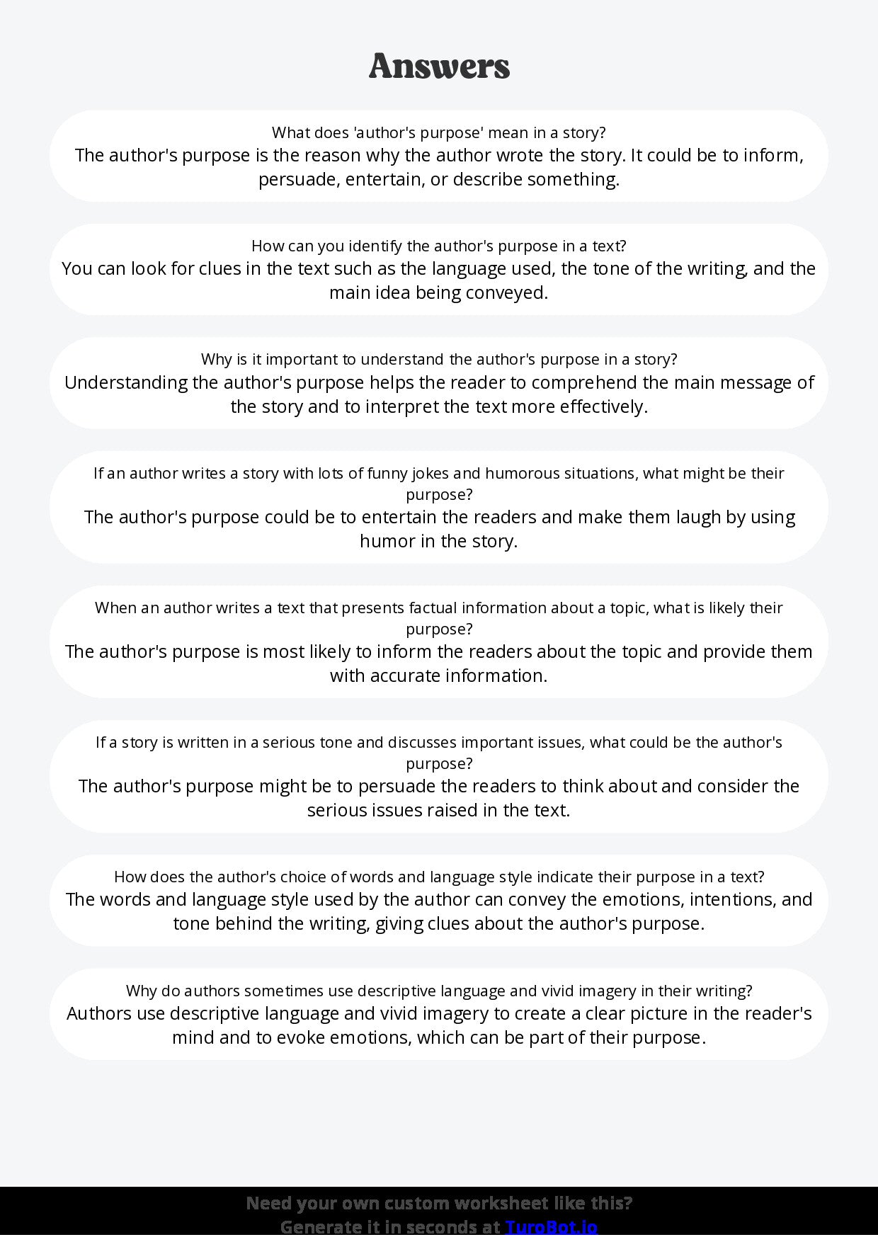 Free Worksheet - Year 5 English Explaining Authors Purpose Short Answer Response