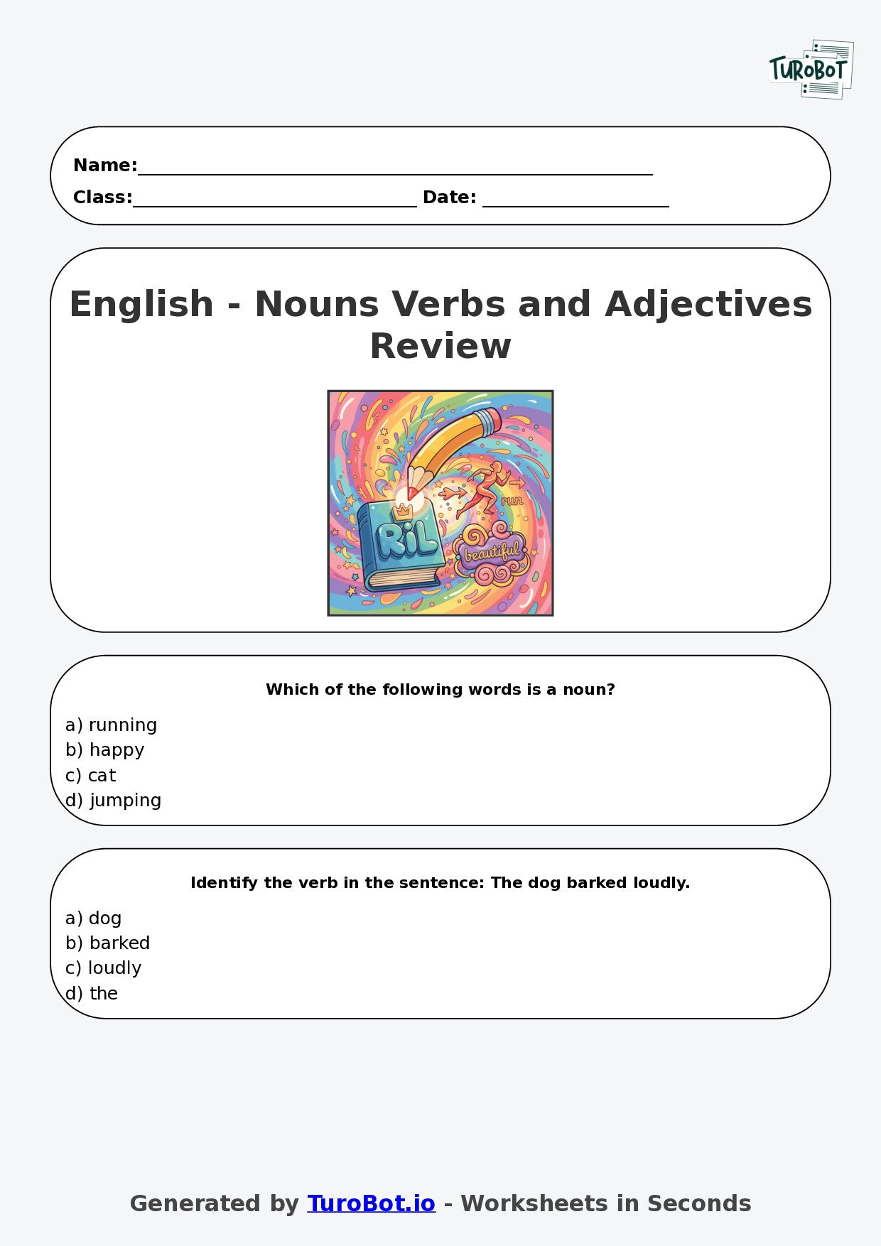 Year 6 English Multiple Choice Worksheet – Nouns Verbs and Adjectives Review