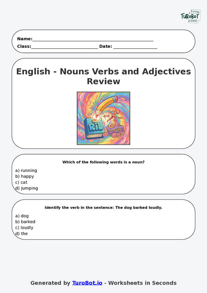 Year 6 English Multiple Choice Worksheet – Nouns Verbs and Adjectives Review