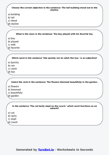 Year 6 English Multiple Choice Worksheet – Nouns Verbs and Adjectives Review