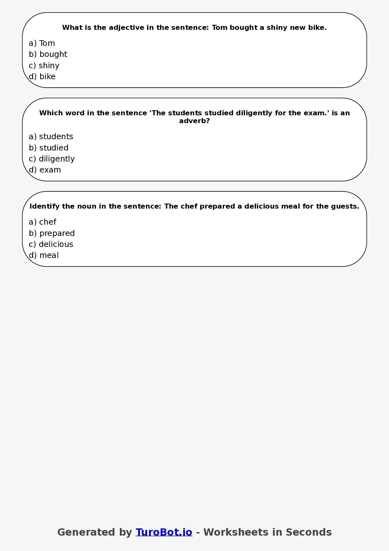 Year 6 English Multiple Choice Worksheet – Nouns Verbs and Adjectives Review