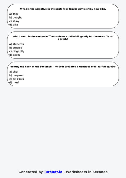 Year 6 English Multiple Choice Worksheet – Nouns Verbs and Adjectives Review