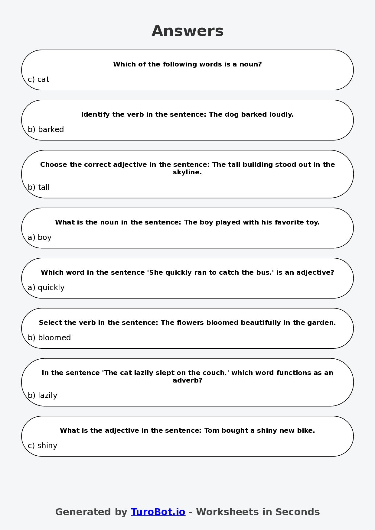 Year 6 English Multiple Choice Worksheet – Nouns Verbs and Adjectives Review