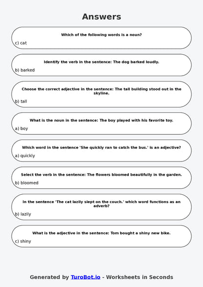 Year 6 English Multiple Choice Worksheet – Nouns Verbs and Adjectives Review