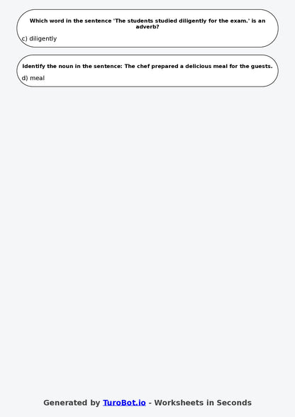 Year 6 English Multiple Choice Worksheet – Nouns Verbs and Adjectives Review