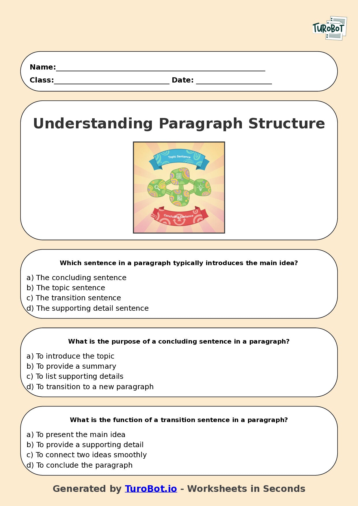 Year 6 English Multiple Choice Worksheet – Understanding Paragraph Structure