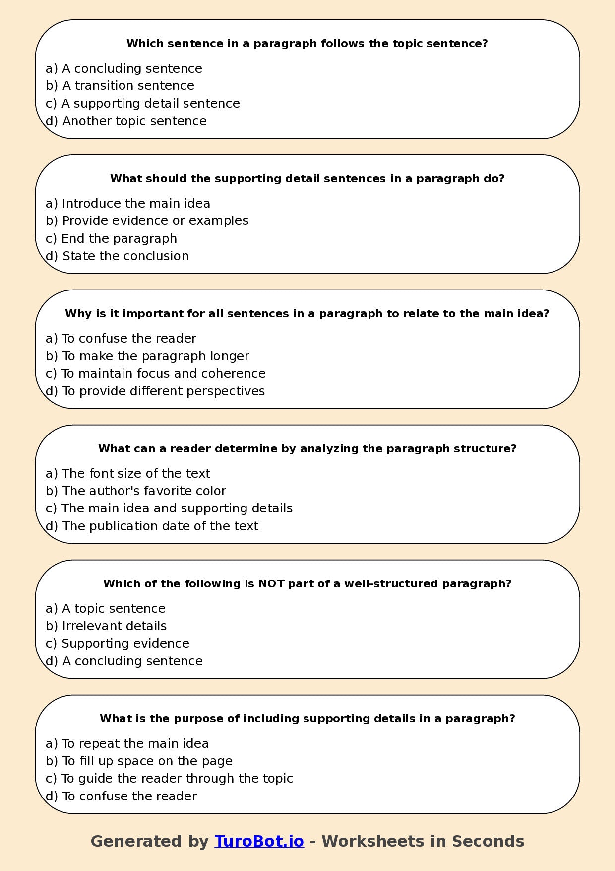 Year 6 English Multiple Choice Worksheet – Understanding Paragraph Structure