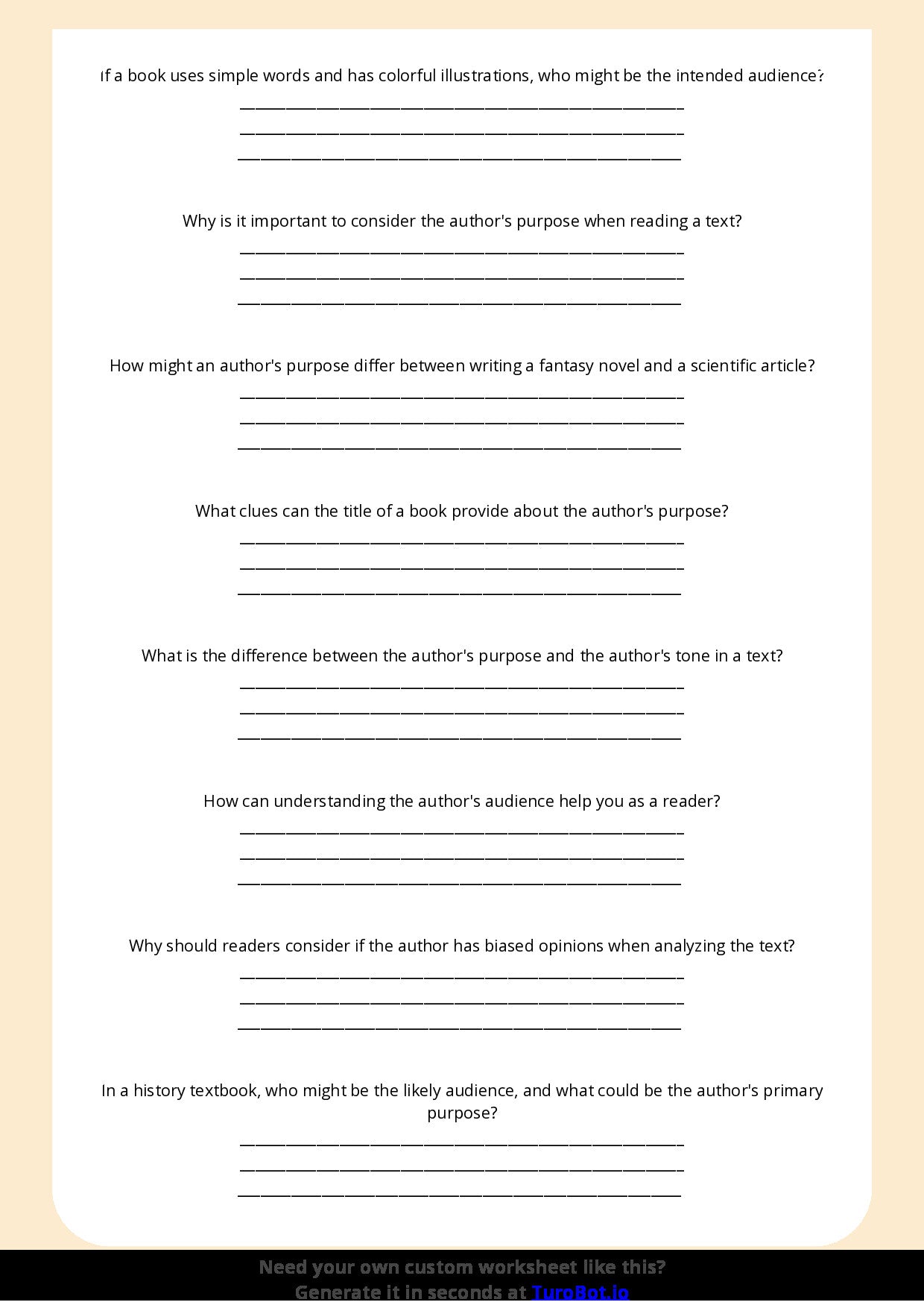 Free Worksheet - Year 6 English Analysing Author’s Purpose and Audience Short Answer Response