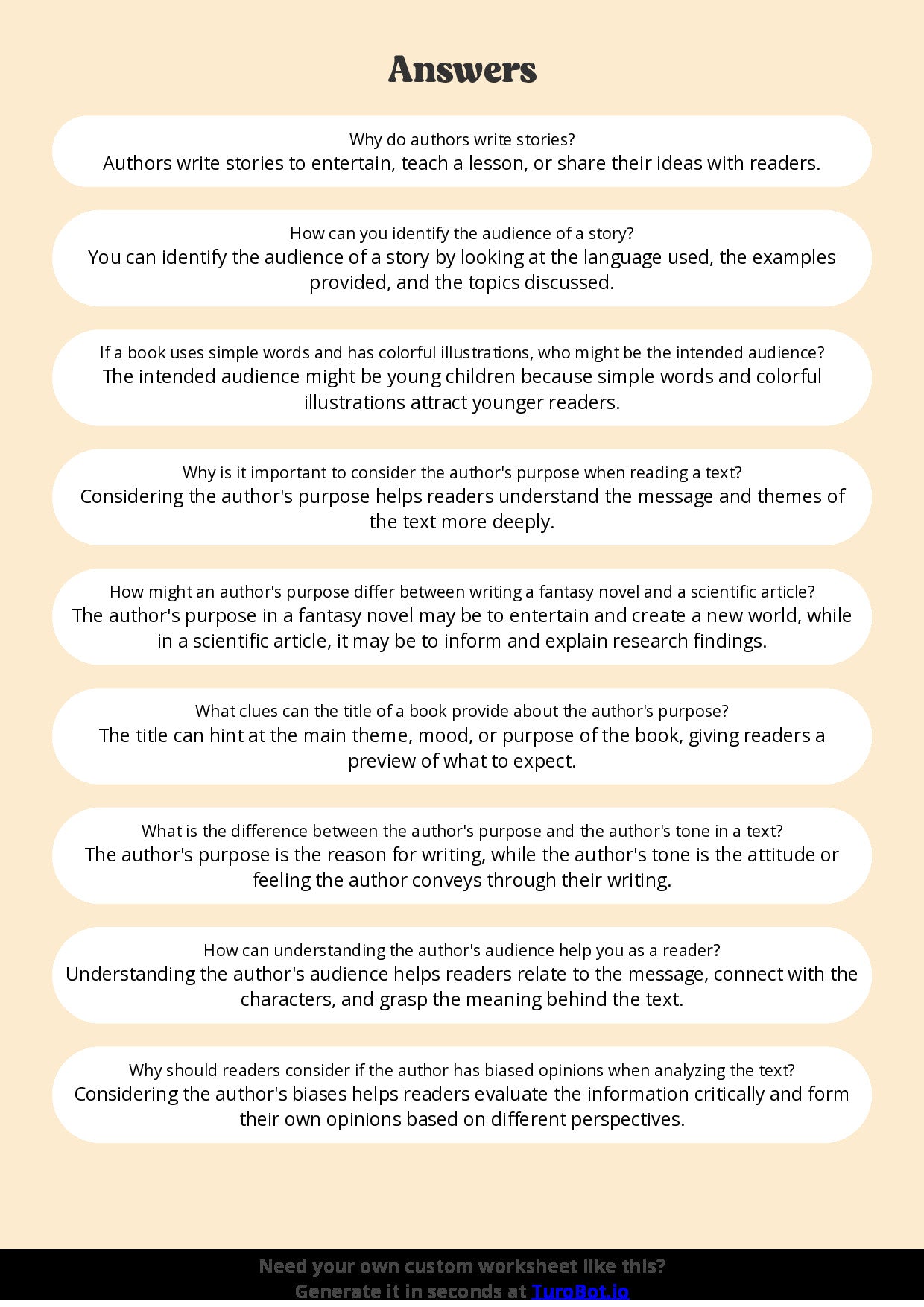 Free Worksheet - Year 6 English Analysing Author’s Purpose and Audience Short Answer Response