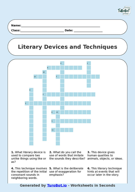 English - Year 7 - Crossword - Literary Devices and Techniques