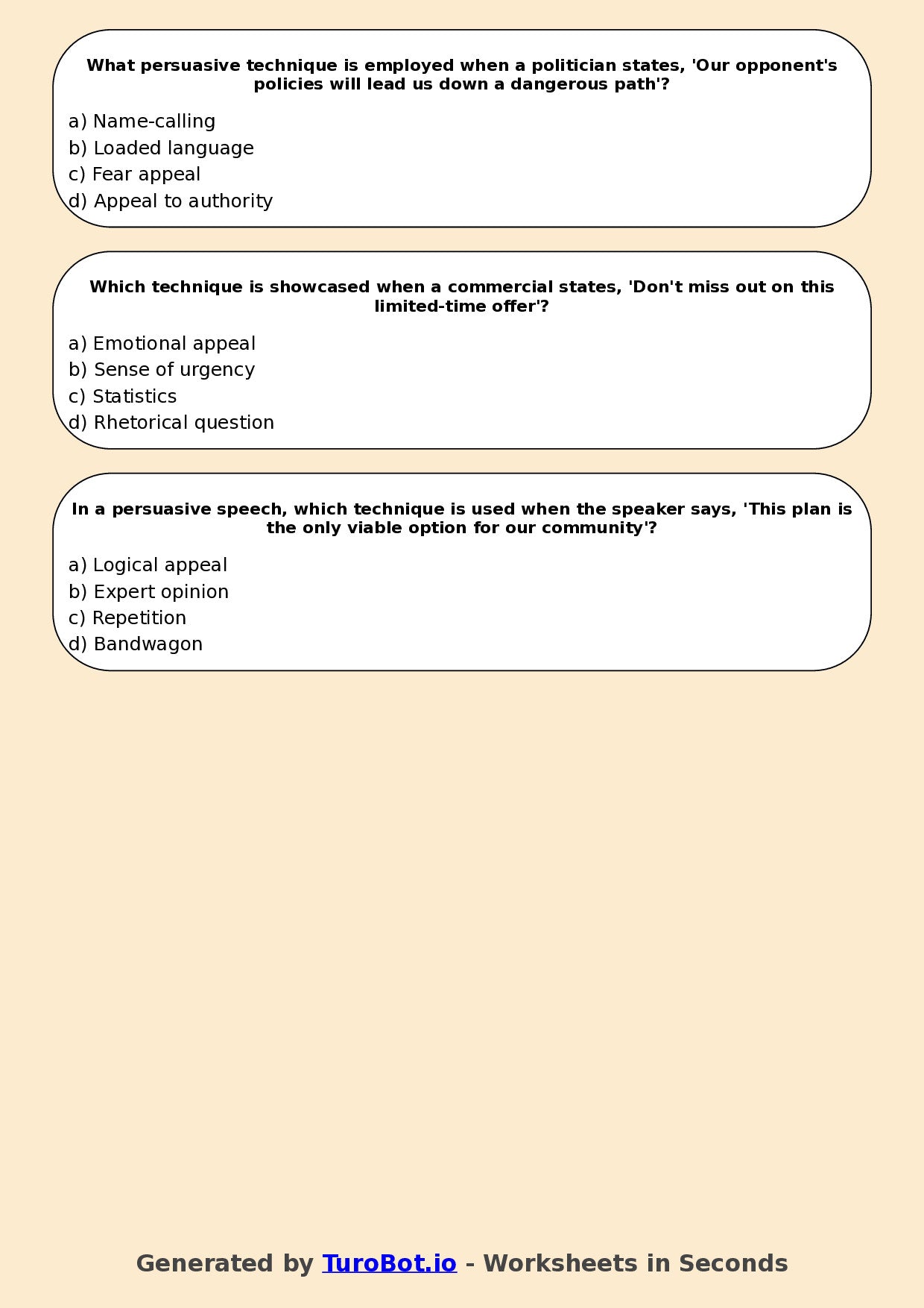 Year 7 English Multiple Choice Worksheet – Identifying Persuasive Techniques