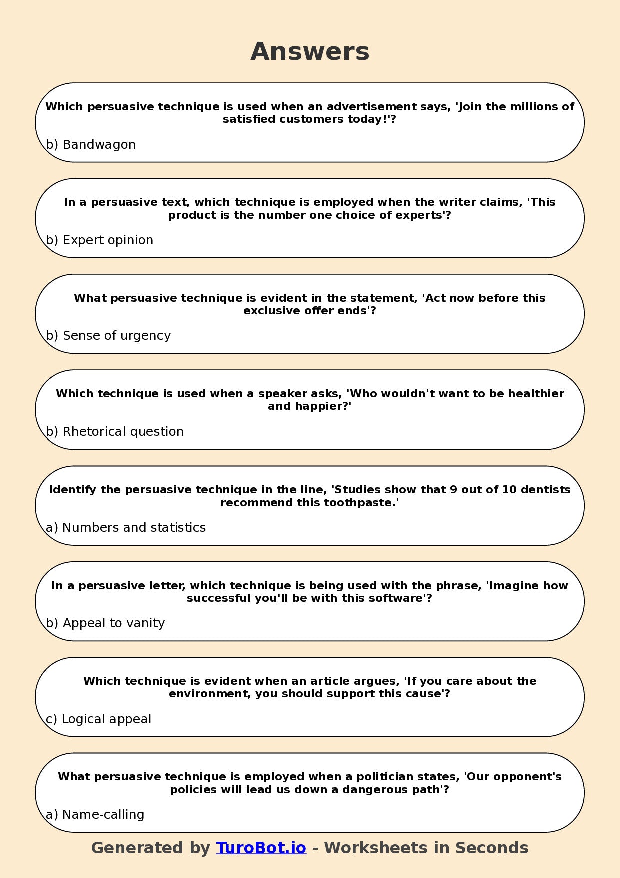 Year 7 English Multiple Choice Worksheet – Identifying Persuasive Techniques