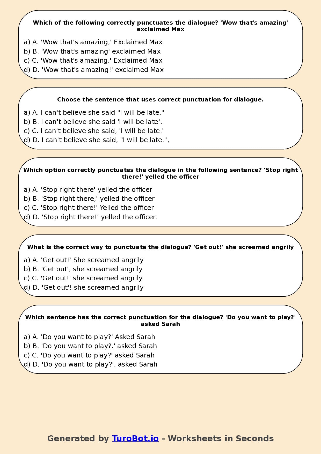 Year 7 English Multiple Choice Worksheet – Punctuation for Dialogue