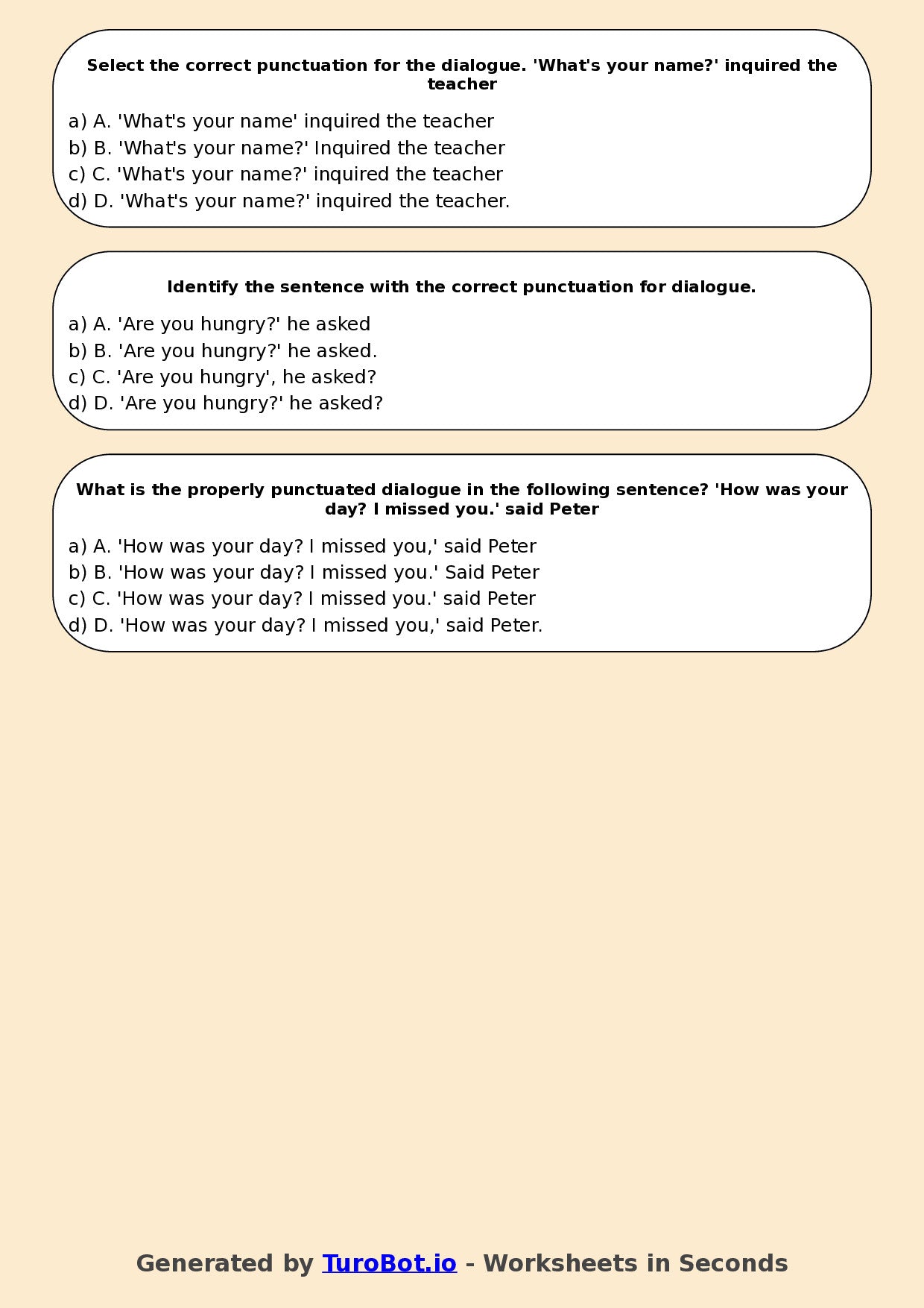 Year 7 English Multiple Choice Worksheet – Punctuation for Dialogue