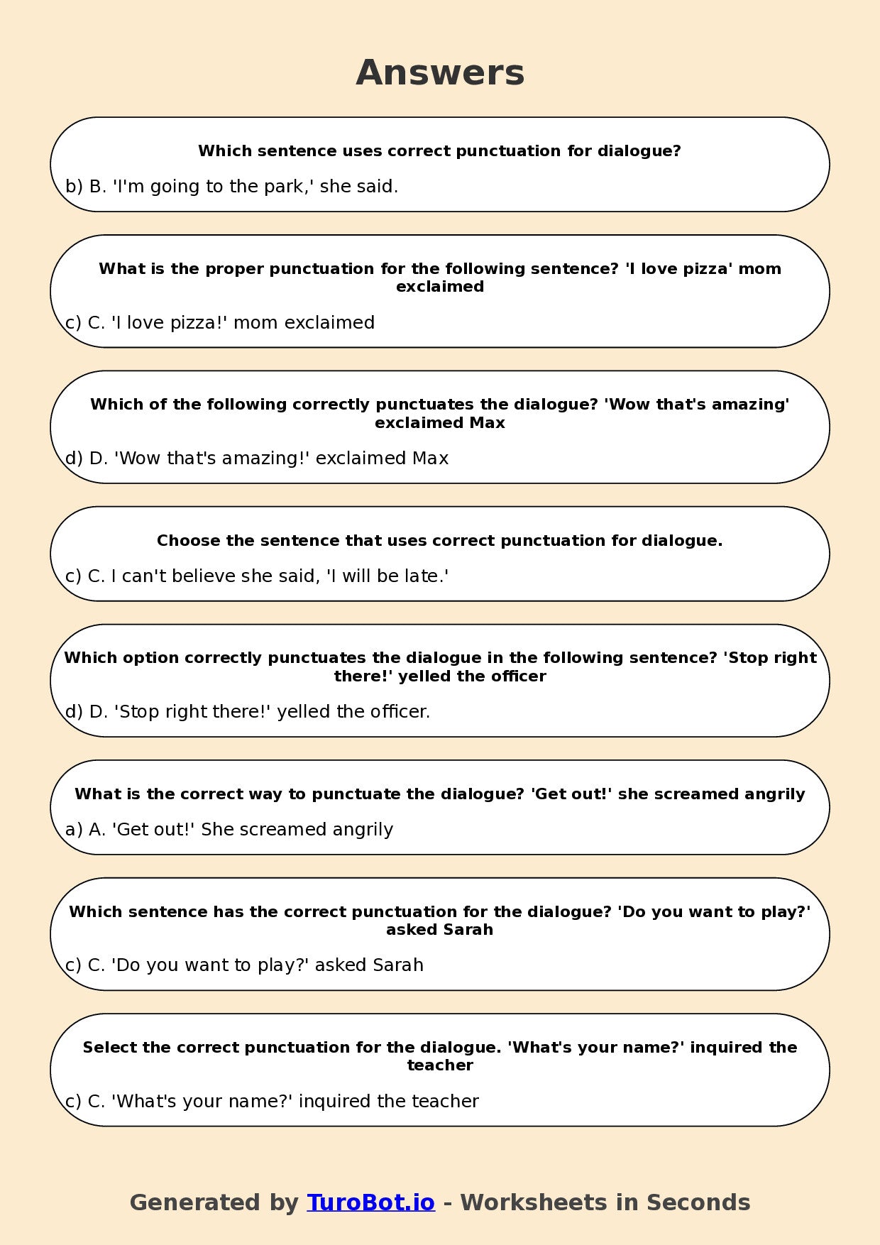 Year 7 English Multiple Choice Worksheet – Punctuation for Dialogue