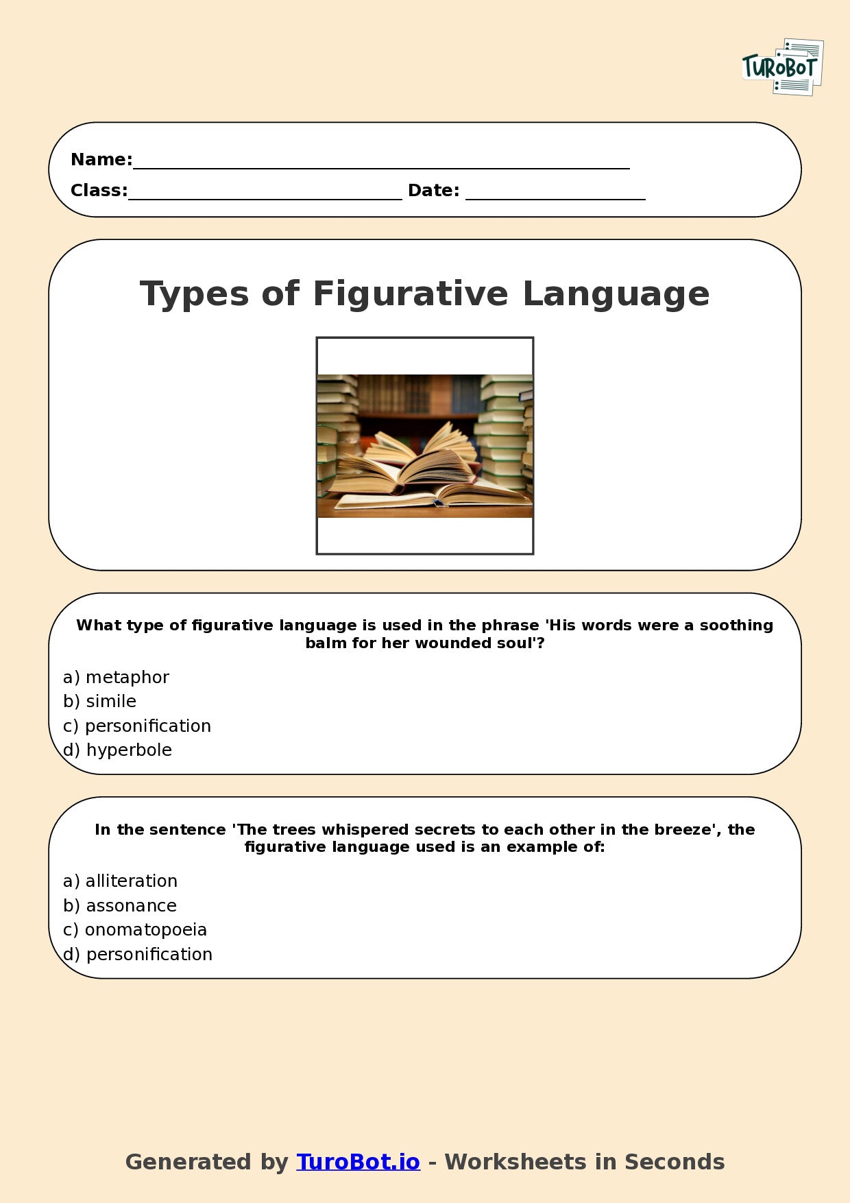 Year 7 English Multiple Choice Worksheet – Types of Figurative Language