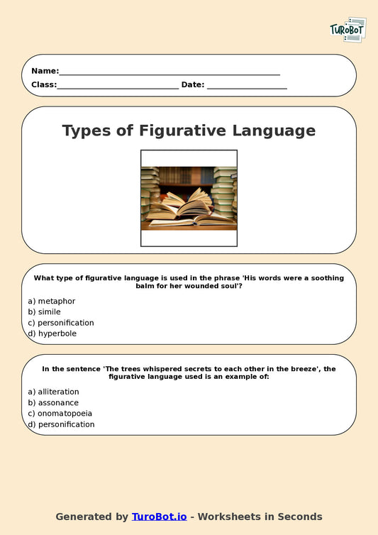 Year 7 English Multiple Choice Worksheet – Types of Figurative Language