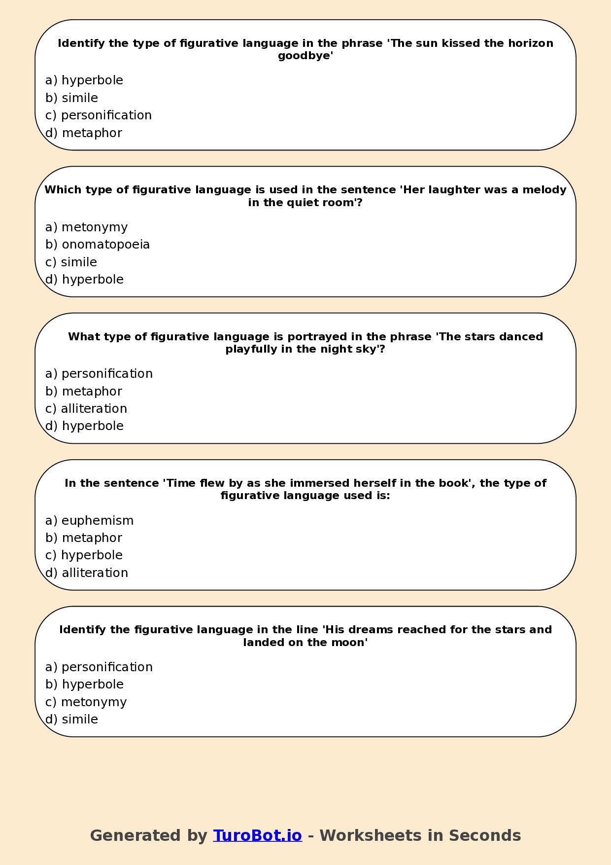 Year 7 English Multiple Choice Worksheet – Types of Figurative Language