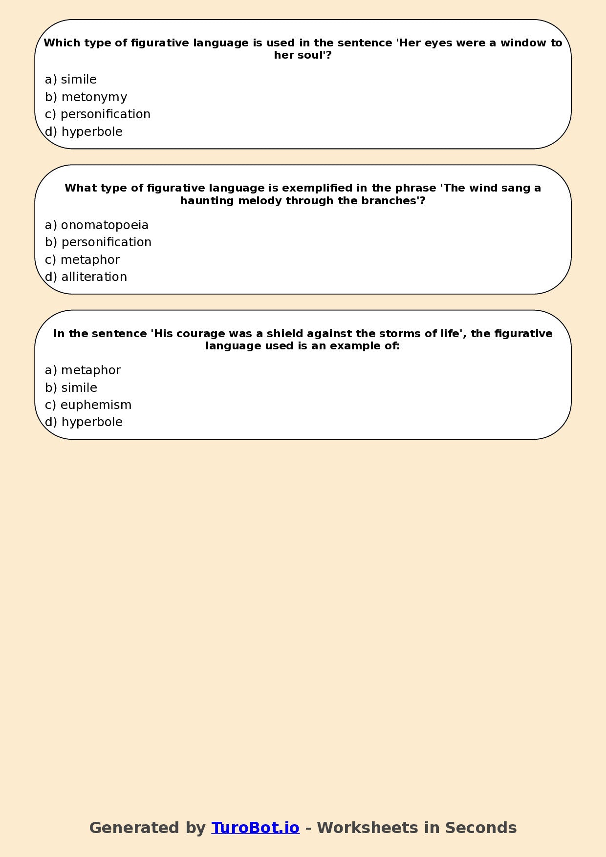 Year 7 English Multiple Choice Worksheet – Types of Figurative Language
