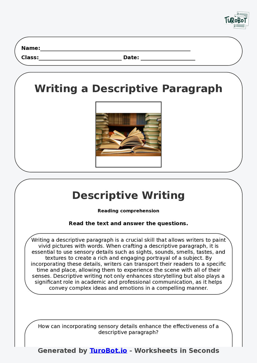 Free Year 8 English Worksheet – Descriptive Paragraph Writing | TuroBot ...