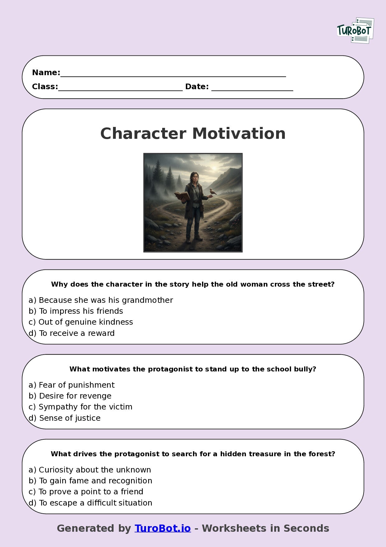 Year 8 English Multiple Choice Worksheet – Analysing Character Motivation