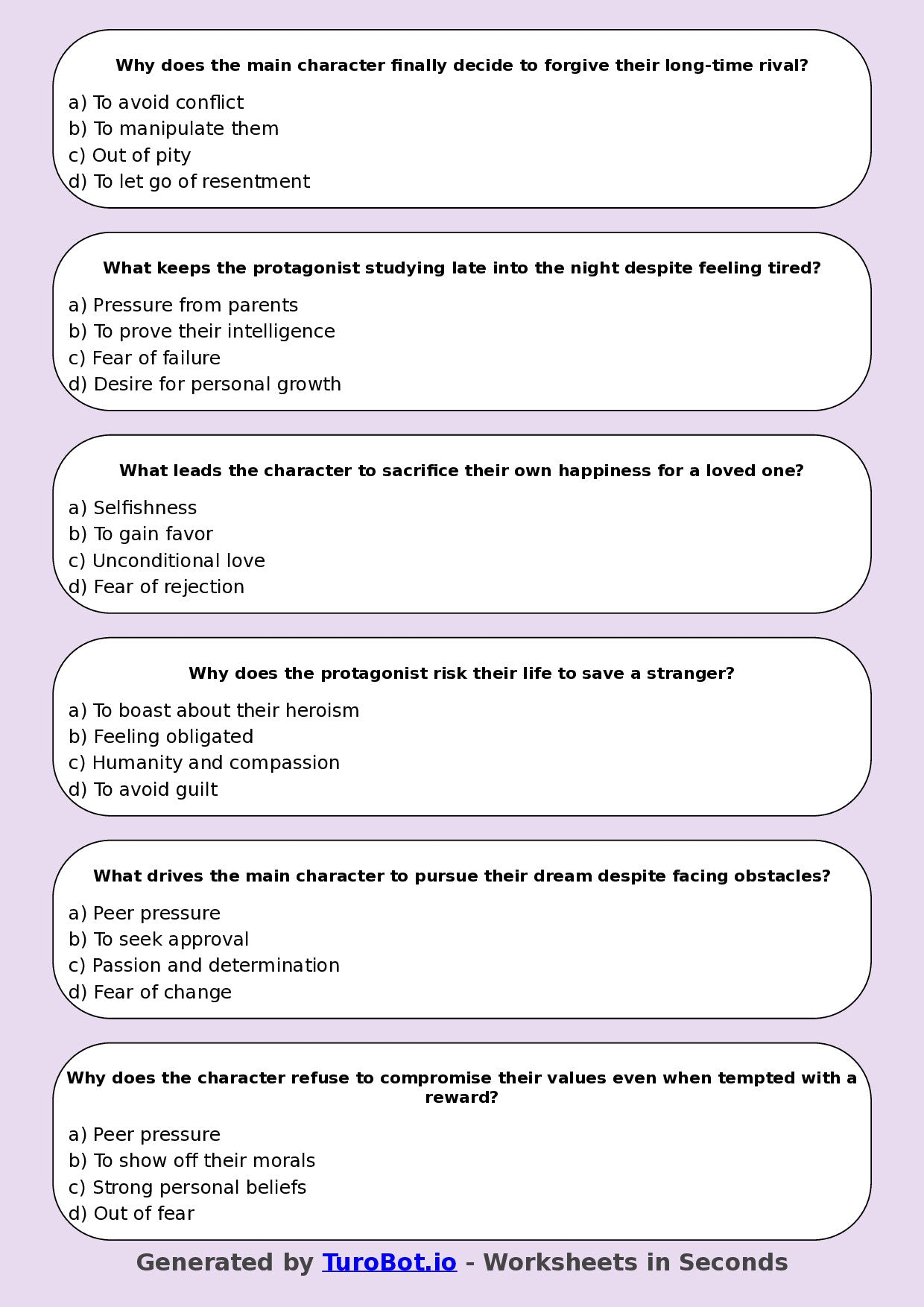 Year 8 English Multiple Choice Worksheet – Analysing Character Motivation