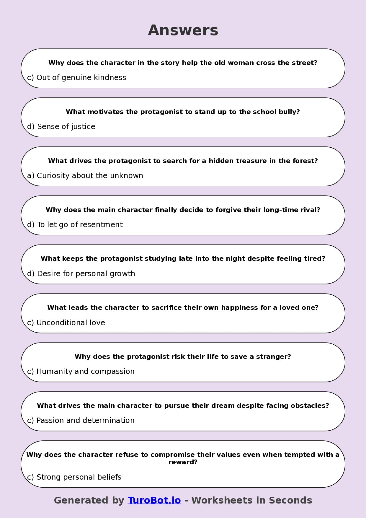 Year 8 English Multiple Choice Worksheet – Analysing Character Motivation