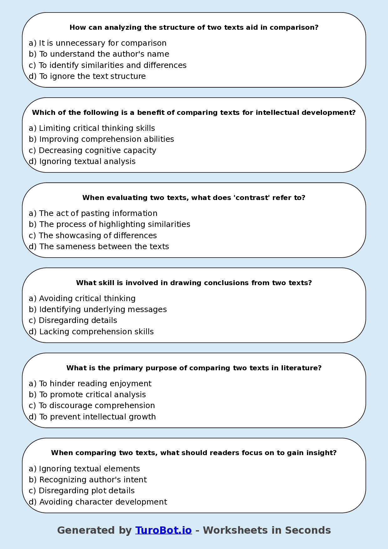 Year 8 English Multiple Choice Worksheet – Comparing Two Texts