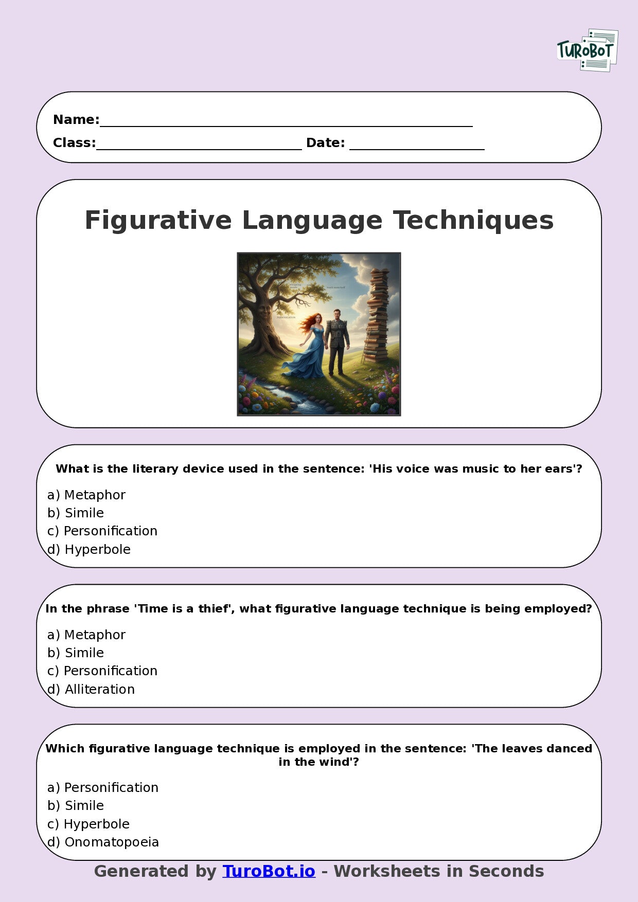 Year 8 English Multiple Choice Worksheet – Figurative Language Techniques