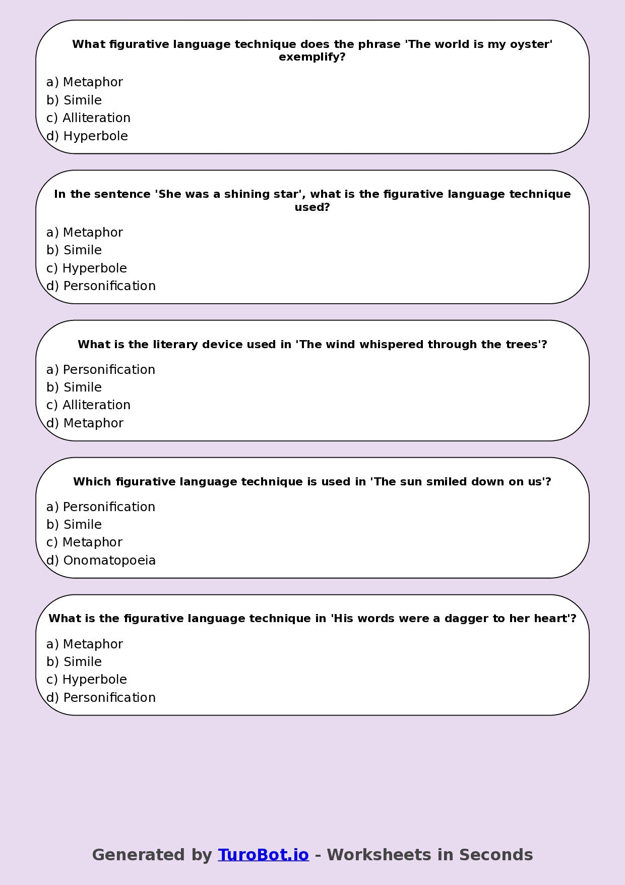 Year 8 English Multiple Choice Worksheet – Figurative Language Techniques