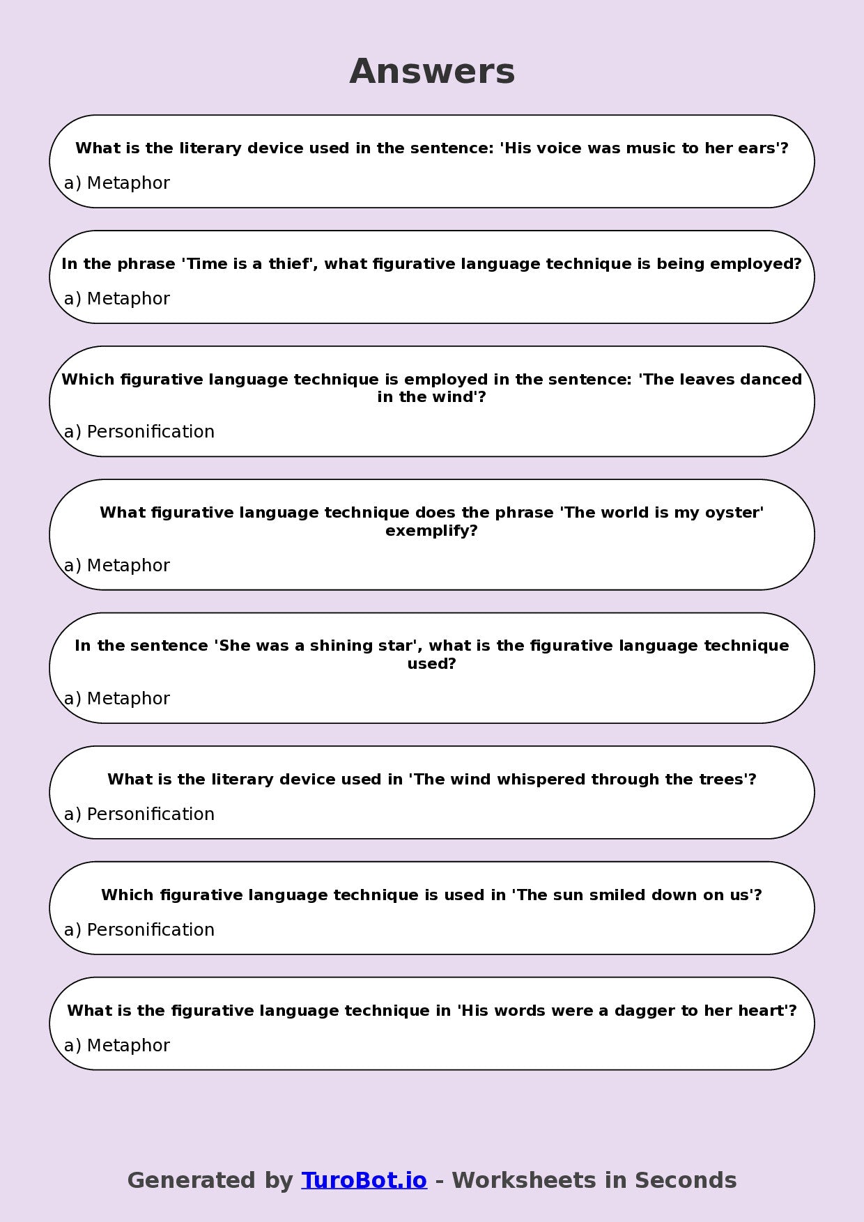 Year 8 English Multiple Choice Worksheet – Figurative Language Techniques