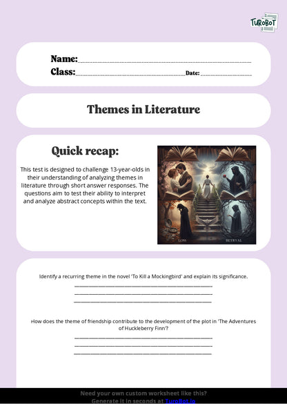 Free Worksheet - Year 8 English Analysing Themes in Literature Short Answer Response