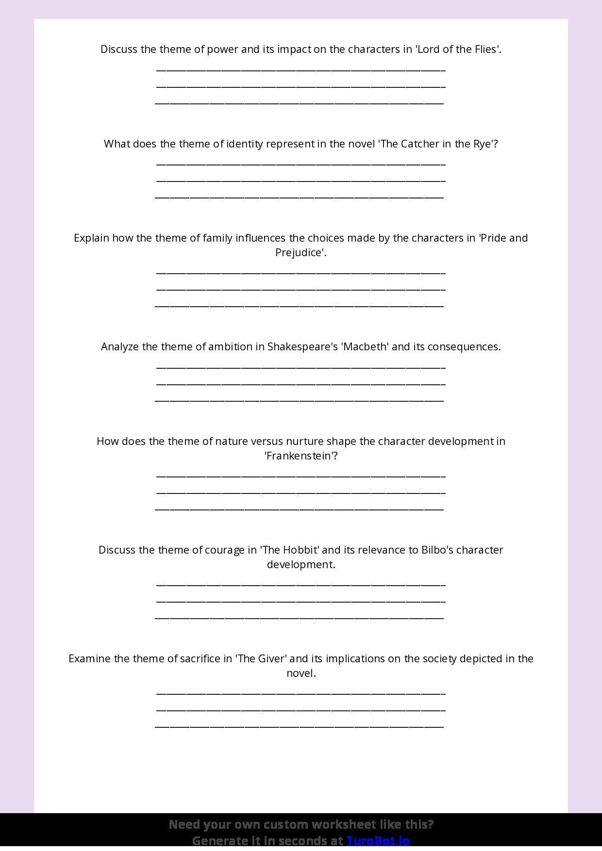 Free Worksheet - Year 8 English Analysing Themes in Literature Short Answer Response