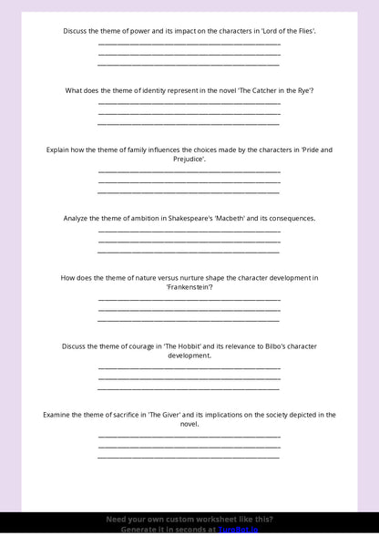 Free Worksheet - Year 8 English Analysing Themes in Literature Short Answer Response