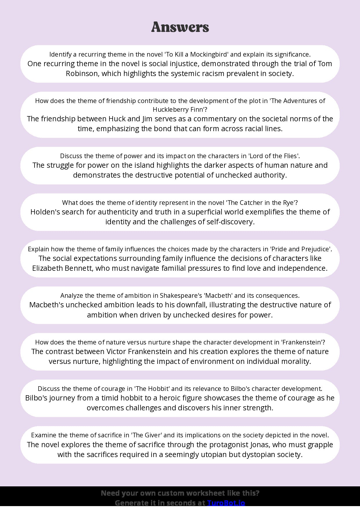 Free Worksheet - Year 8 English Analysing Themes in Literature Short Answer Response