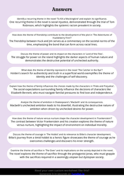 Free Worksheet - Year 8 English Analysing Themes in Literature Short Answer Response