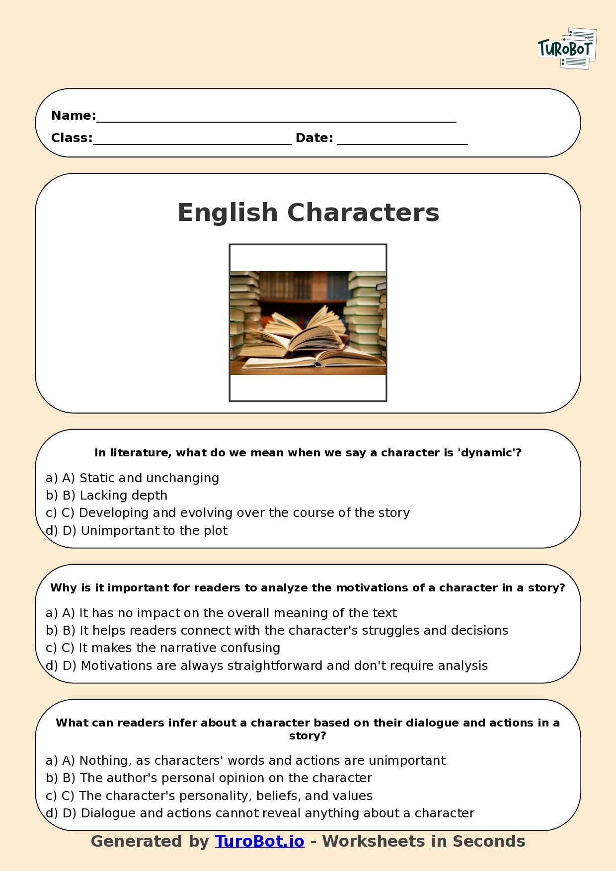 Year 9 English Multiple Choice Worksheet – Analysing Characters