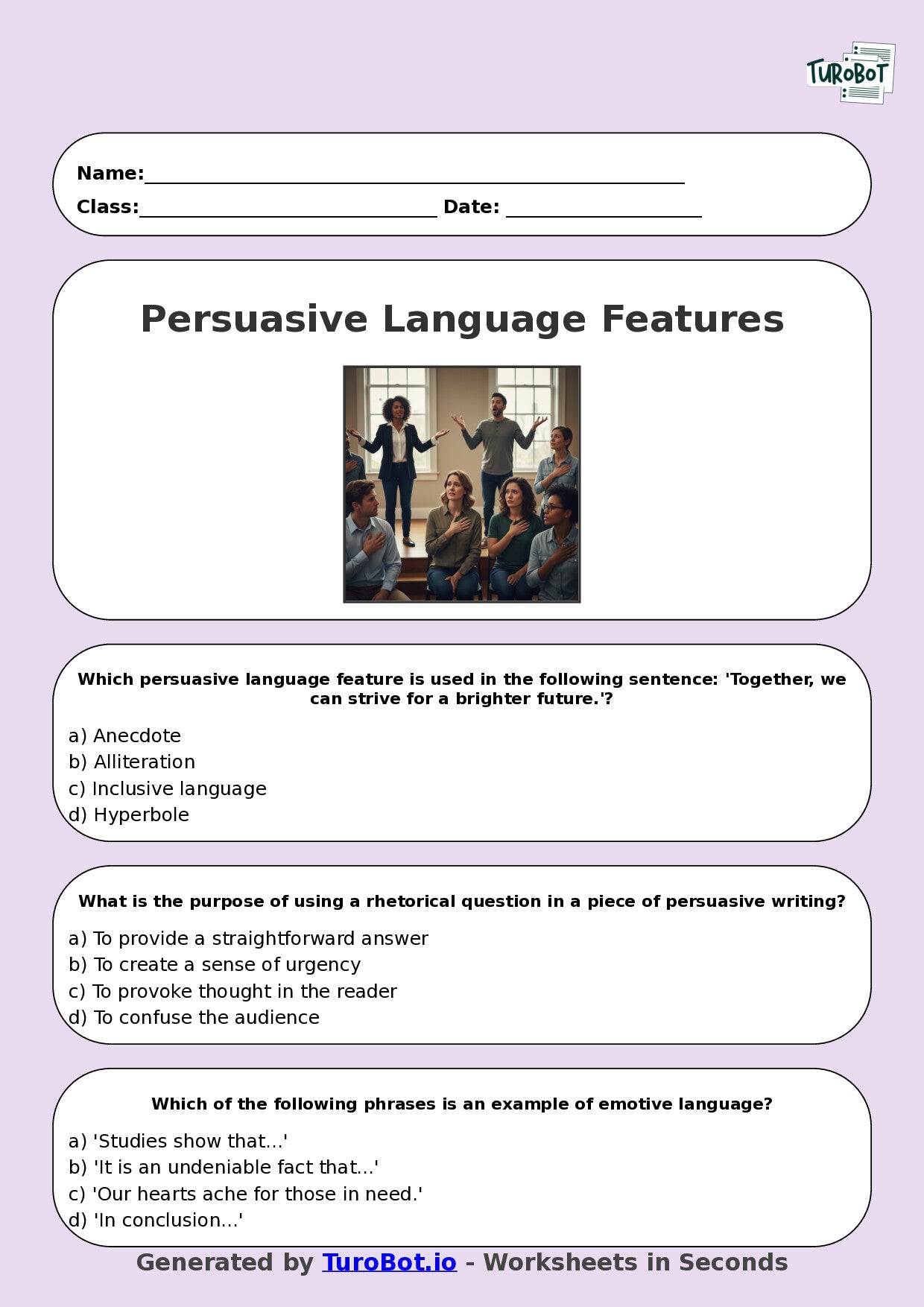 Year 9 English Multiple Choice Worksheet – Persuasive Language Features