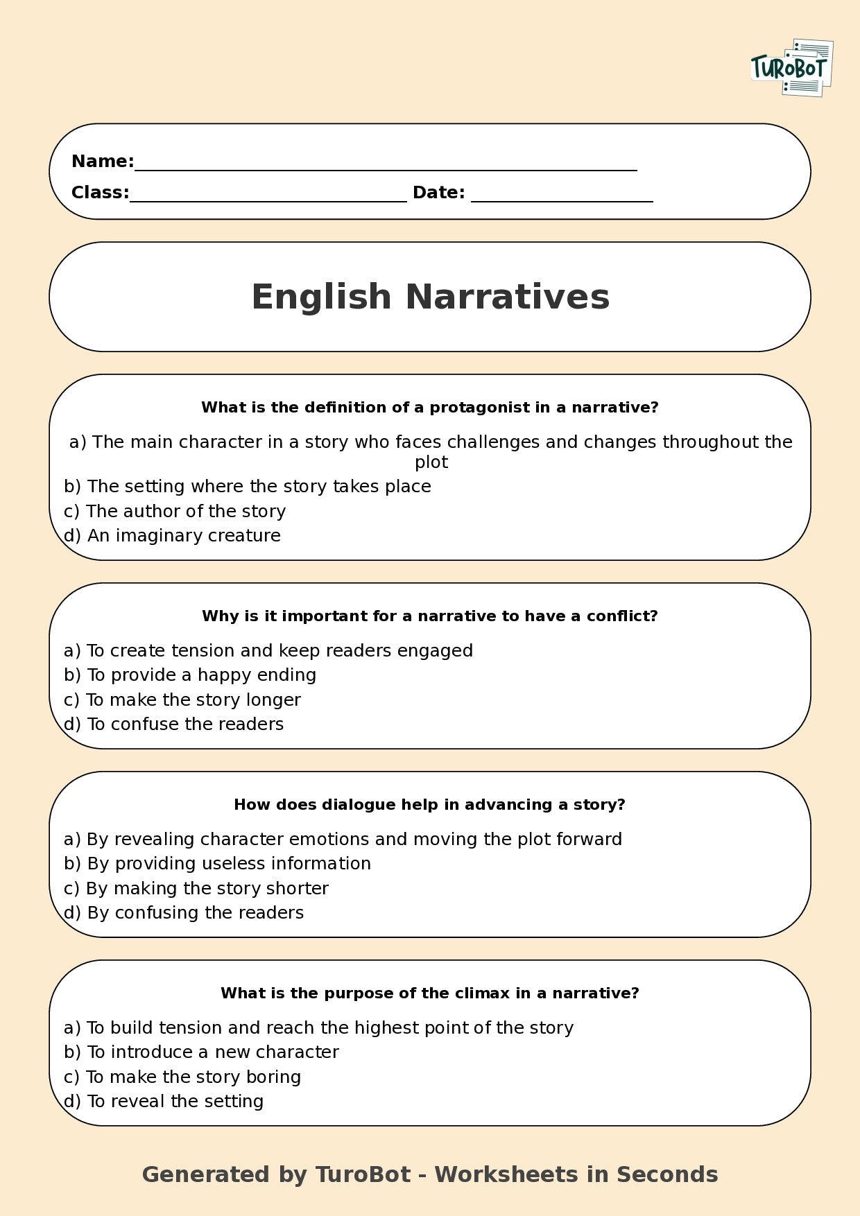 English - Year 9 Worksheet: Writing Narratives