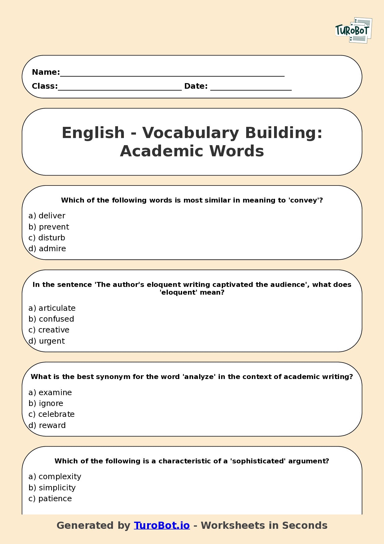 English - Year 9 Worksheet: Vocabulary Building