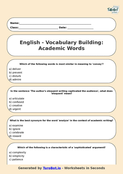 English - Year 9 Worksheet: Vocabulary Building