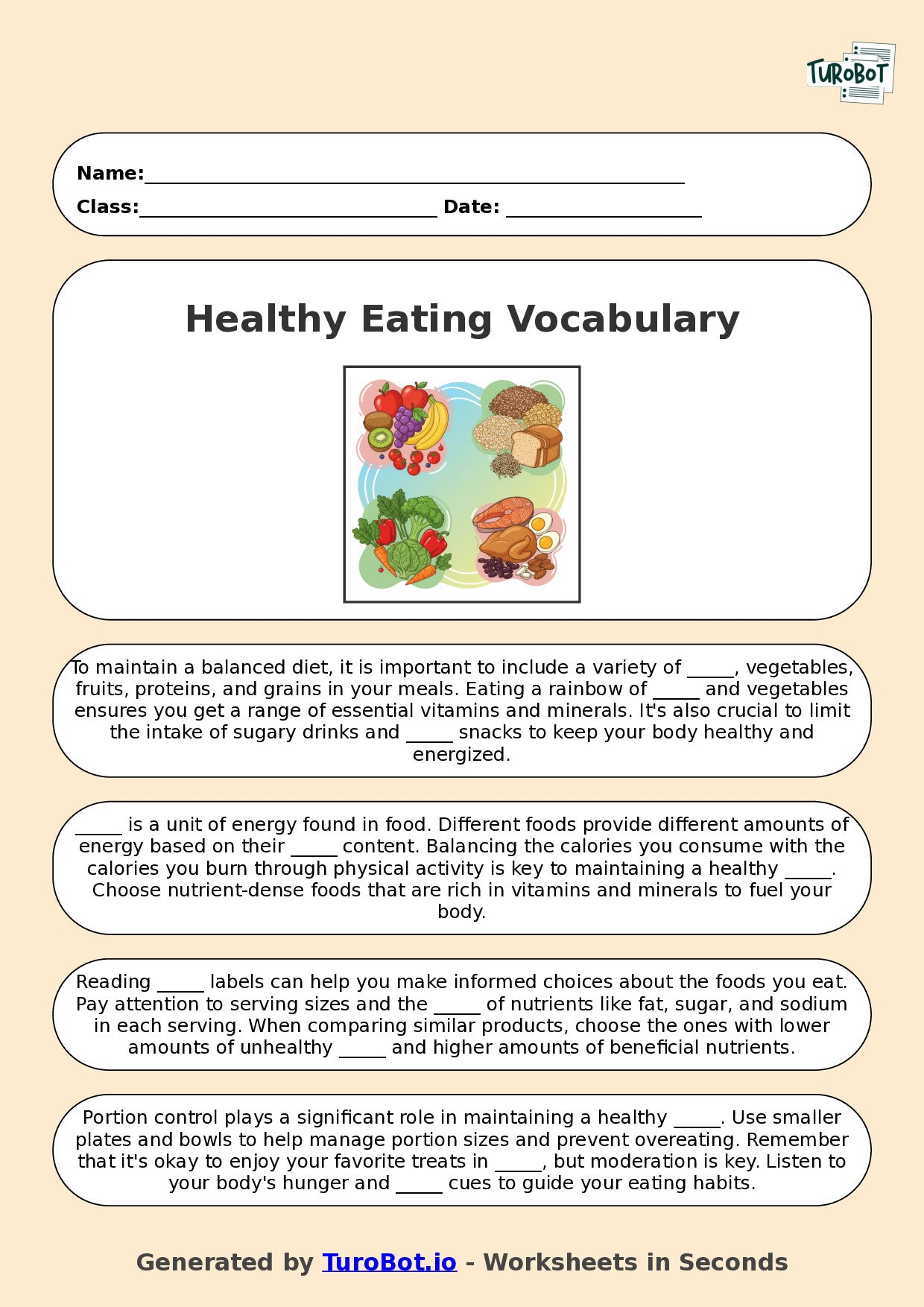Year 5 Family and Consumer Science Fill in the Blanks Worksheet – Healthy Eating Vocabulary