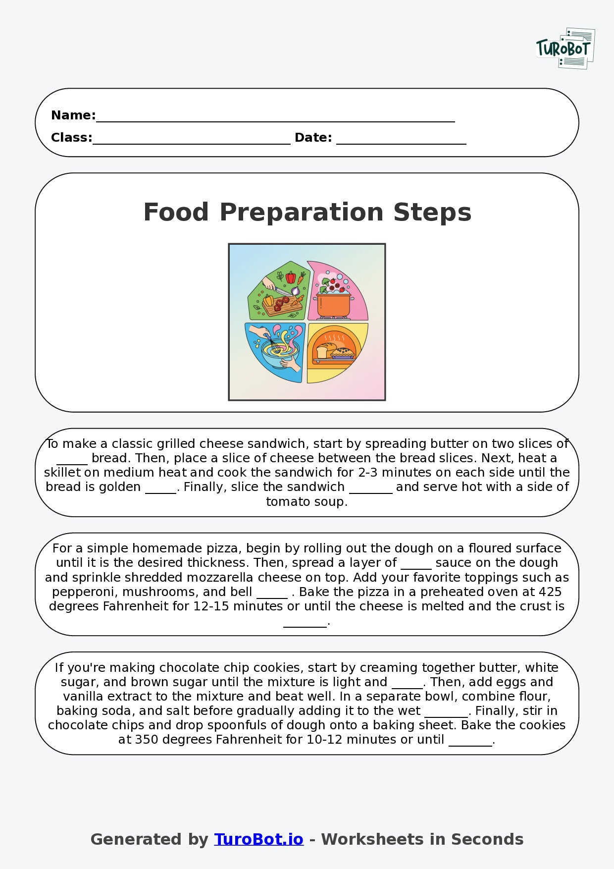 Year 6 Family and Consumer Science Fill in the Blanks Worksheet – Food Preparation Steps